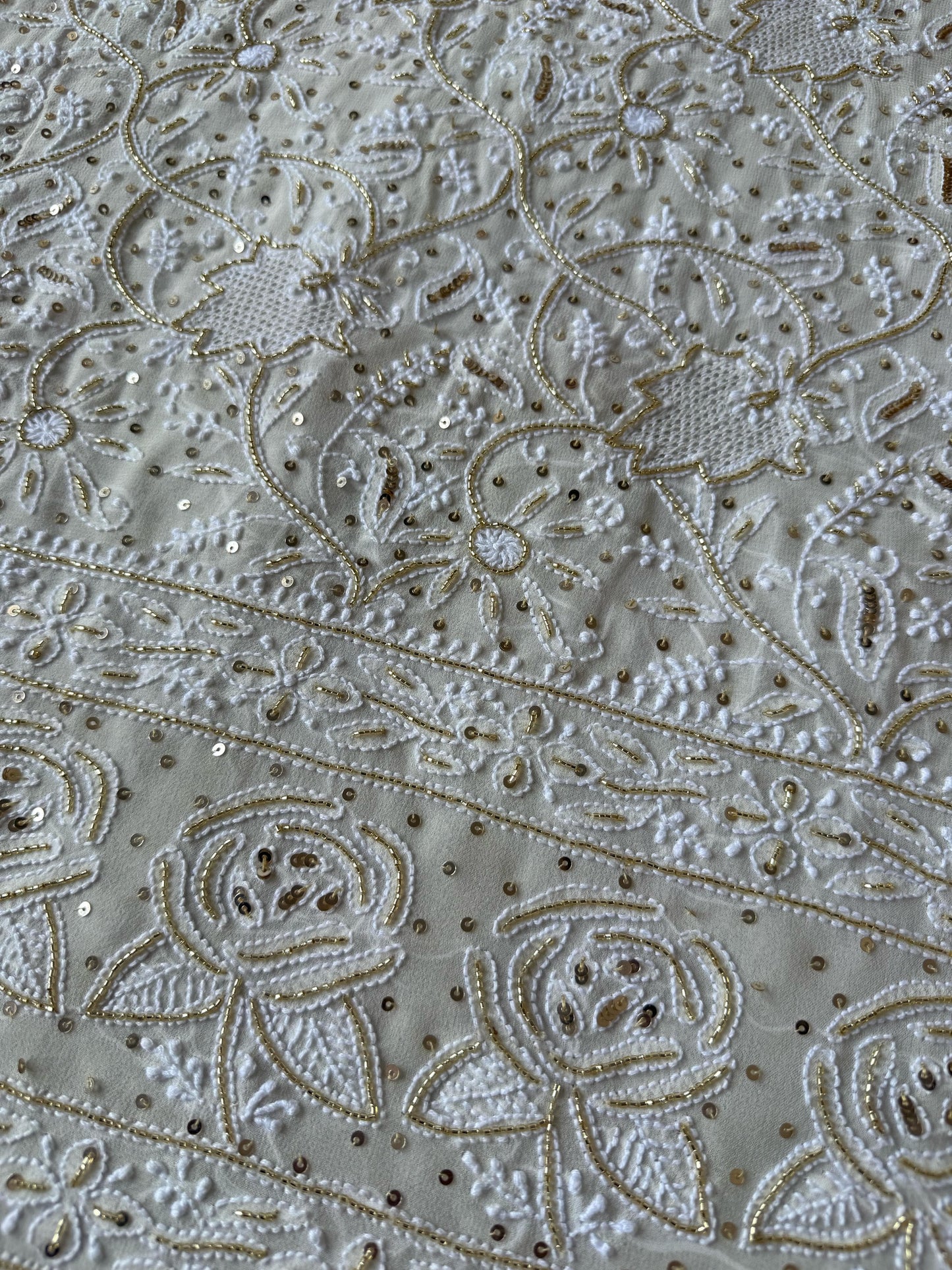 Imperial Charm – A Heritage-Inspired Pure Georgette Kurta & Dupatta Set with Gilded Cutdana & Heavy Designer Rose Motifs