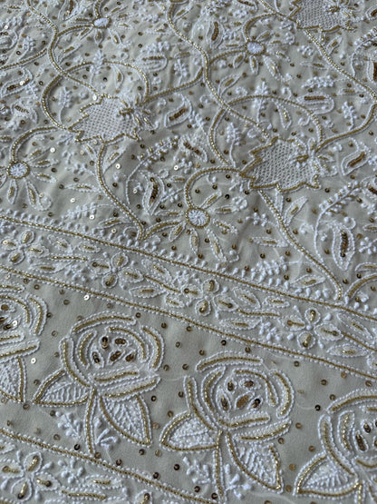 Imperial Charm – A Heritage-Inspired Pure Georgette Kurta & Dupatta Set with Gilded Cutdana & Heavy Designer Rose Motifs
