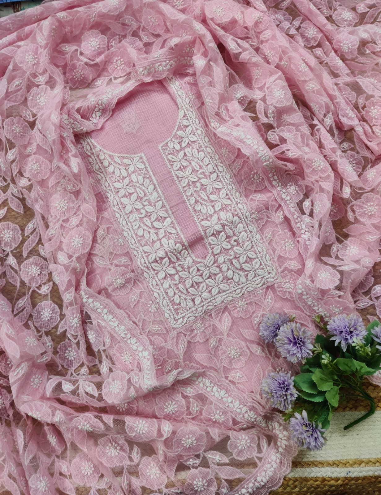 Serene Pink Kota Doria Kurta & Dupatta Set – Adorned with Heavy Net Appliqué Work