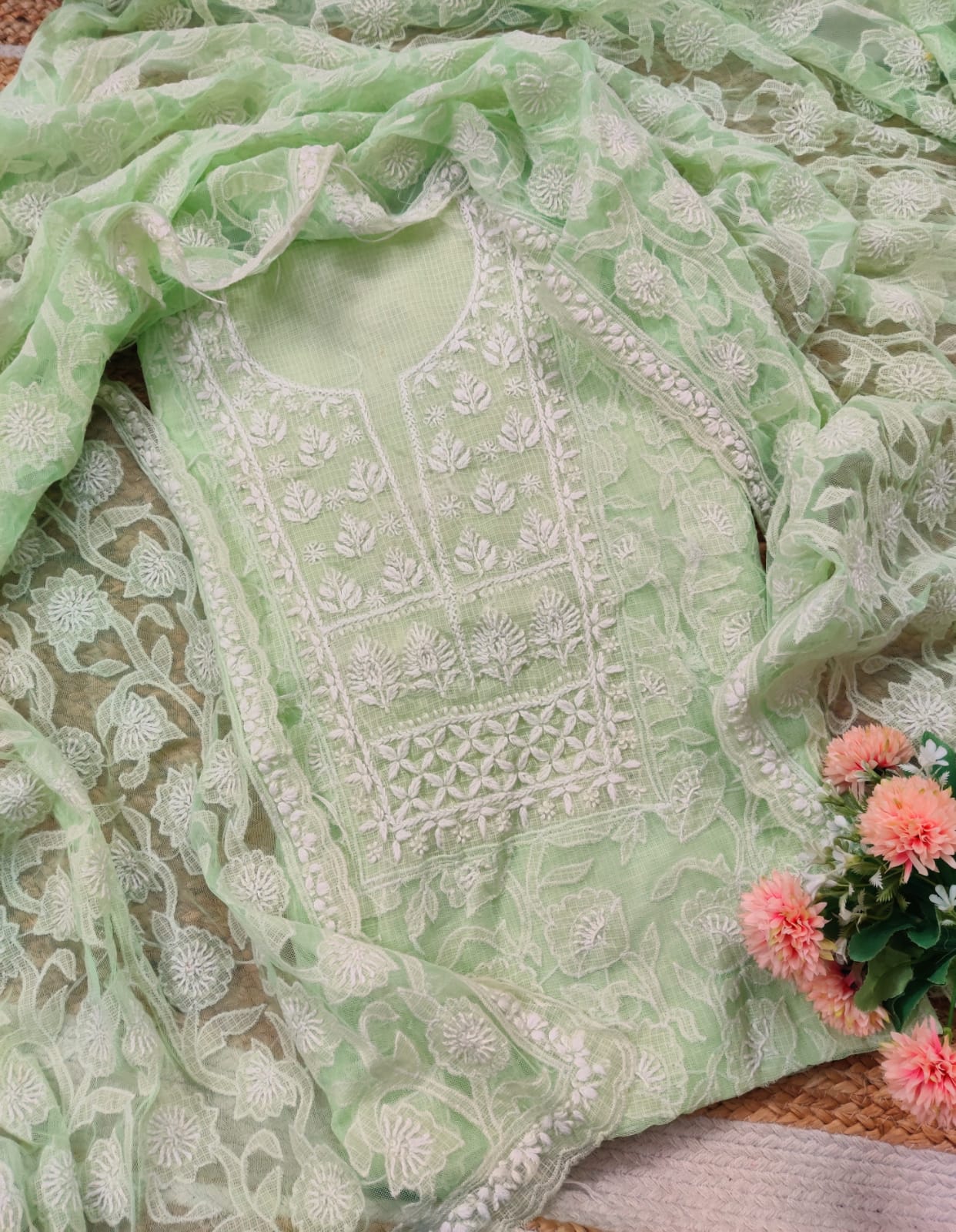 Pistachio Green Kota Doria Kurta & Dupatta Set – Adorned with Heavy Net Appliqué Work