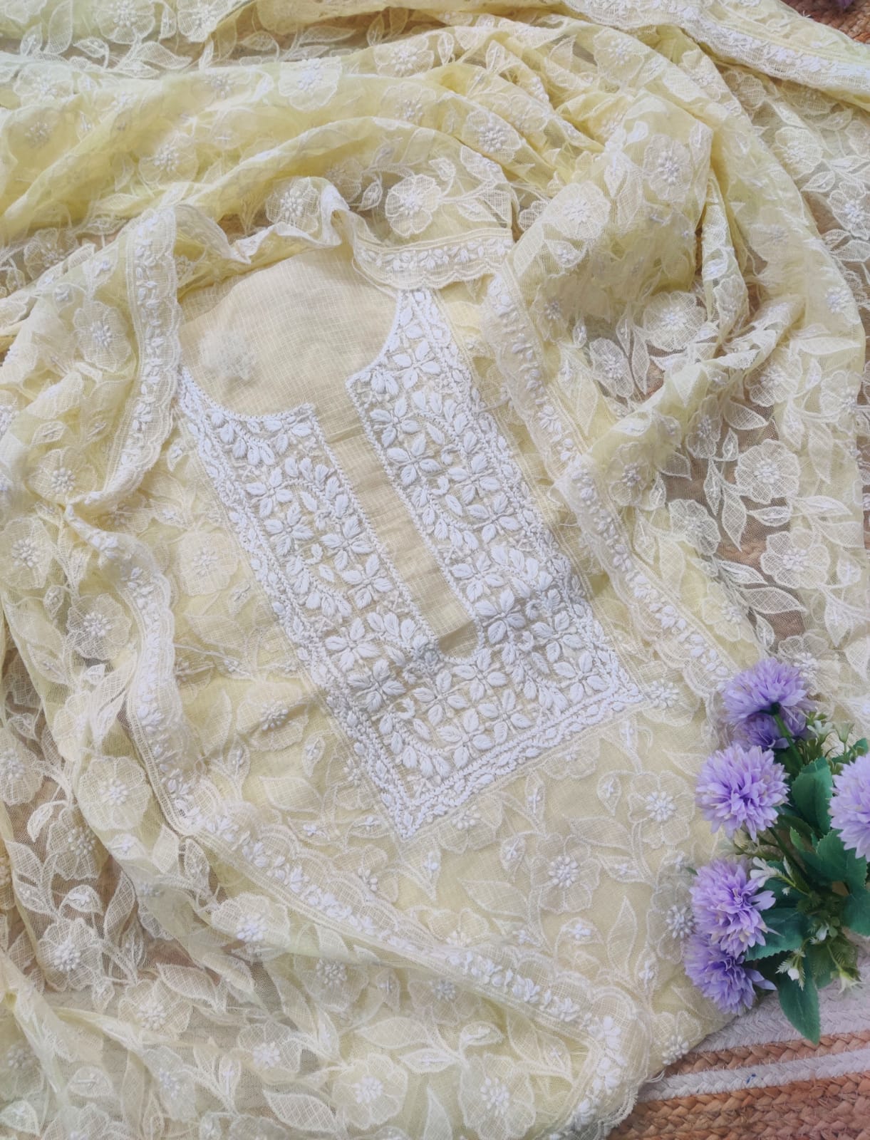 Majestic Marigold Kota Doria Kurta & Dupatta Set – Adorned with Heavy Net Appliqué Work