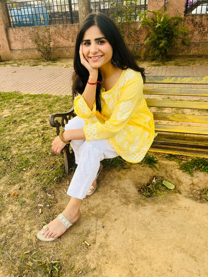 Majestic Yellow: Short Top & White Chikankari Pants – A Sophisticated Union of Timeless Design and Handcrafted Precision