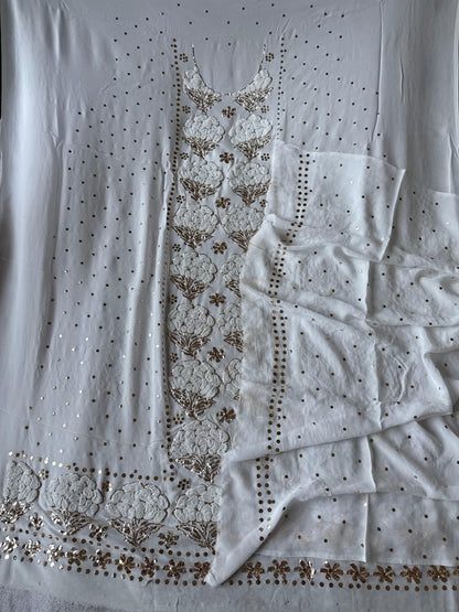 Rose-Etched Chikankari Kurta Dupatta – Ornate Mukaish Pitta with Pearl Accents