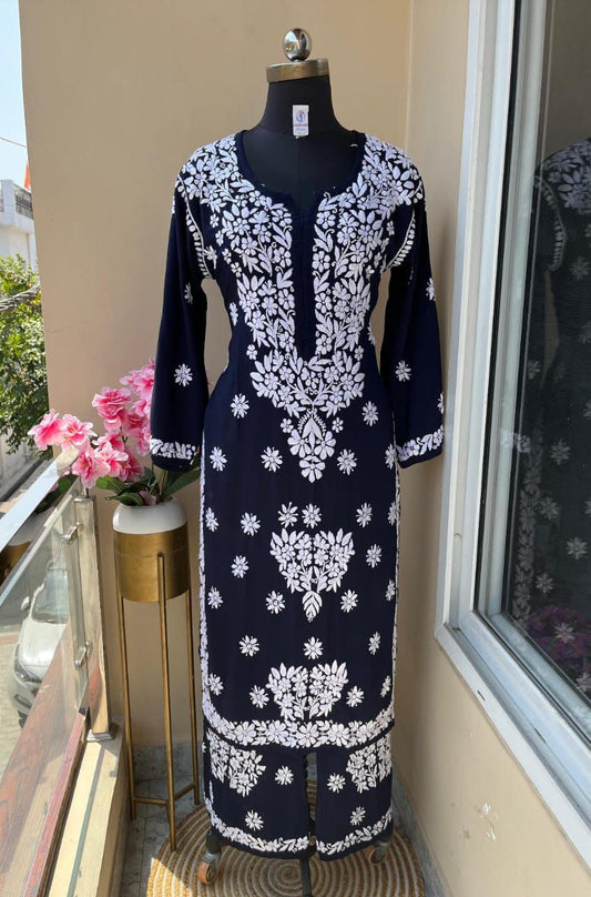 Deep Navy Modal Palazzo Set – A Timeless Chikankari Masterpiece