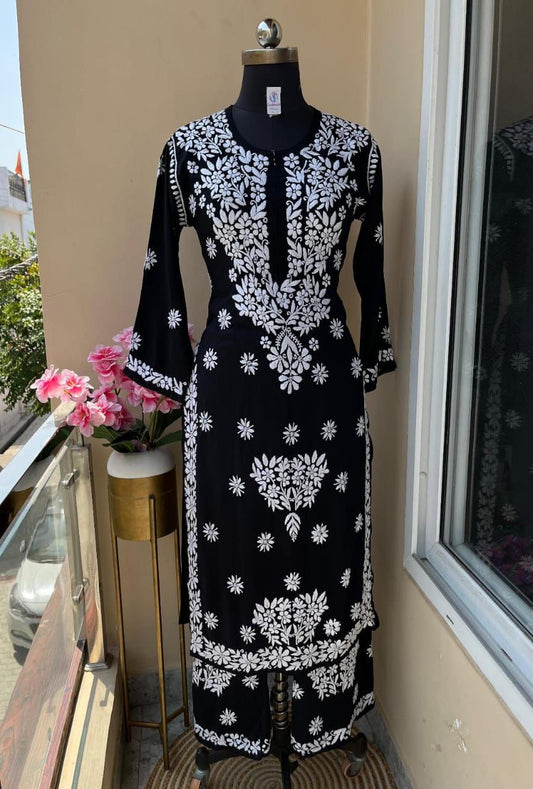 Shadow Black Modal Palazzo Set – Where Intricacy Meets Refinement