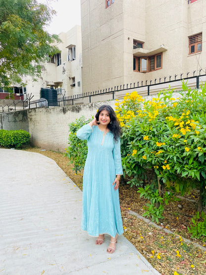 Glacier Blue Anarkali with Mughal-Inspired Chikankari and Subtle Mukaish Highlights