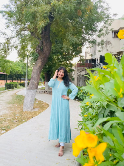 Glacier Blue Anarkali with Mughal-Inspired Chikankari and Subtle Mukaish Highlights