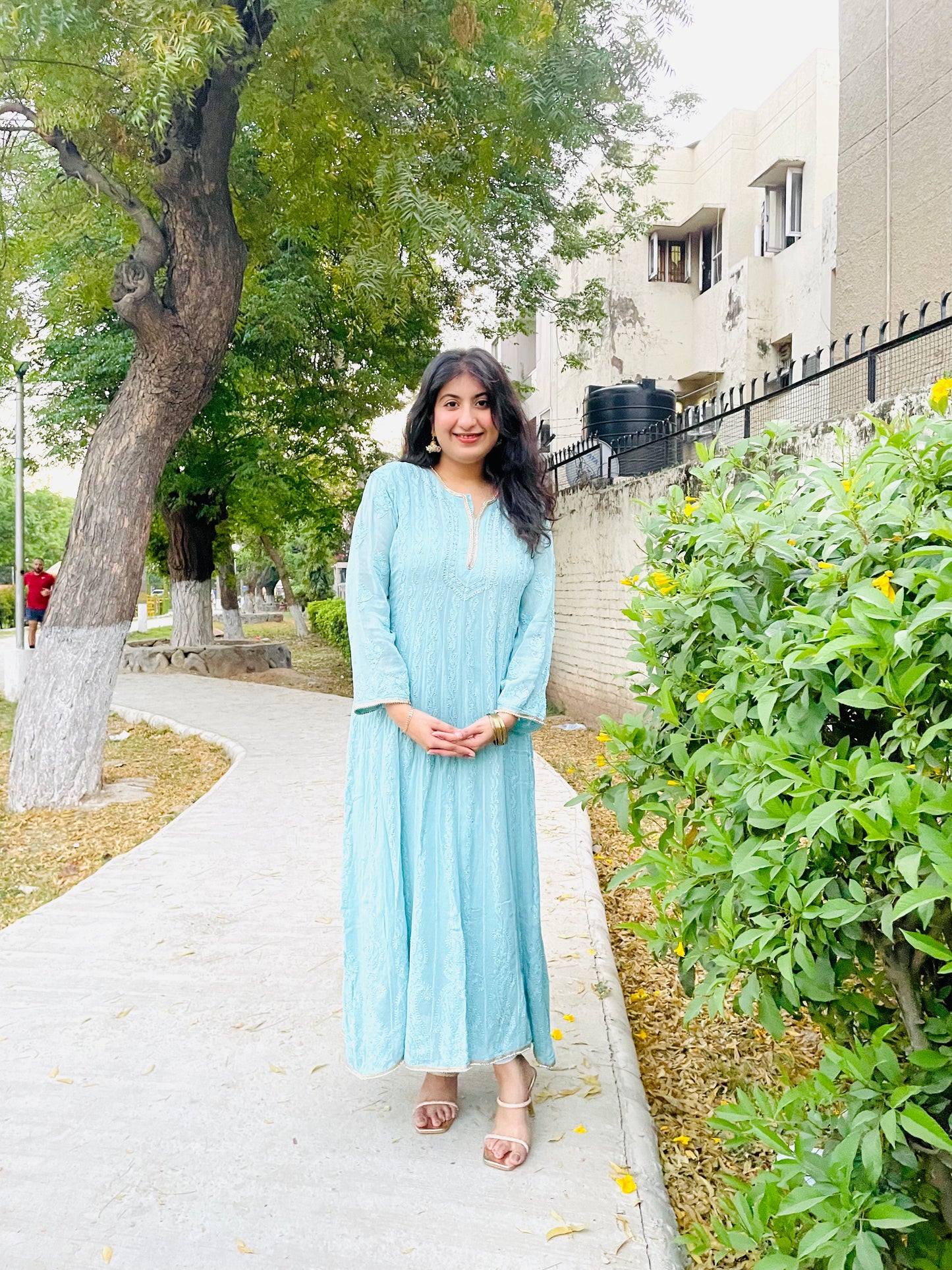 Glacier Blue Anarkali with Mughal-Inspired Chikankari and Subtle Mukaish Highlights