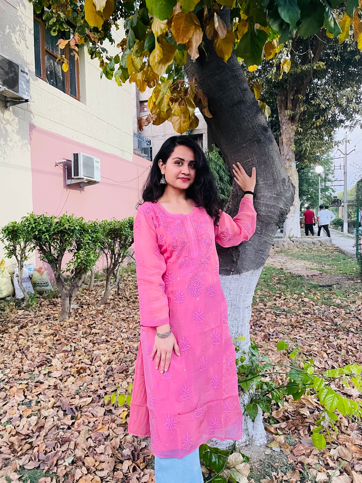 Gajri Pink Muslin Kurti Featuring Fine Chikankari and Mukaish Touches