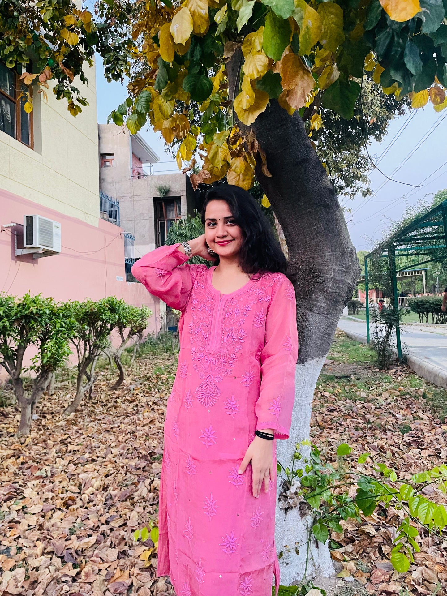 Gajri Pink Muslin Kurti Featuring Fine Chikankari and Mukaish Touches