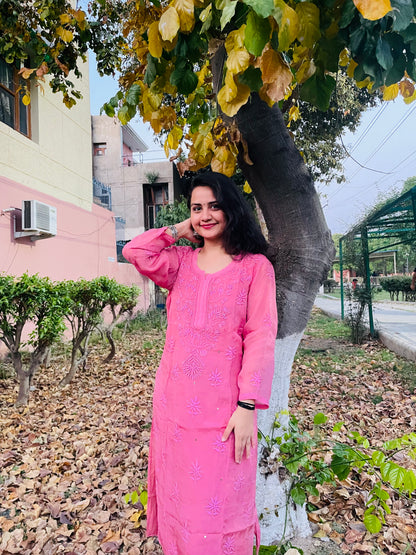 Gajri Pink Muslin Kurti Featuring Fine Chikankari and Mukaish Touches