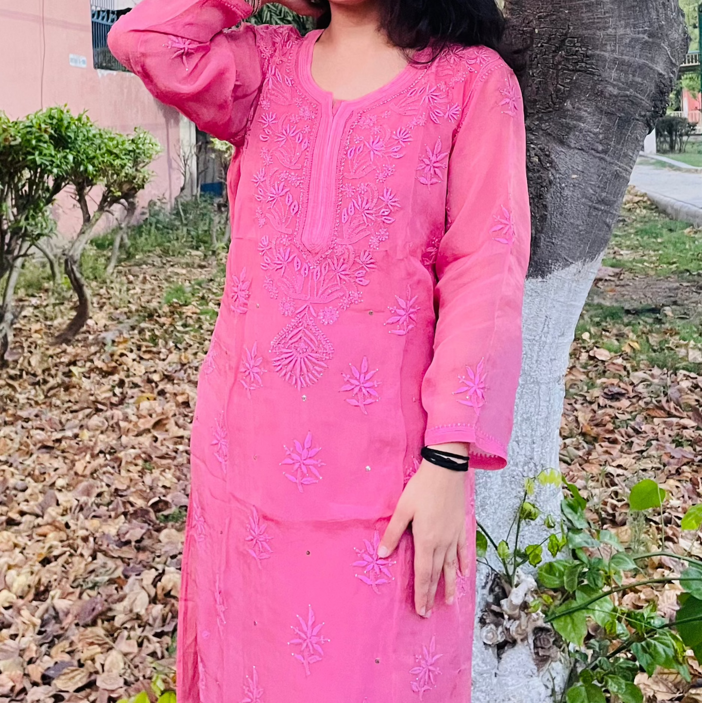 Gajri Pink Muslin Kurti Featuring Fine Chikankari and Mukaish Touches