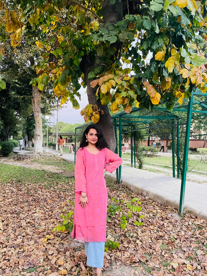 Gajri Pink Muslin Kurti Featuring Fine Chikankari and Mukaish Touches